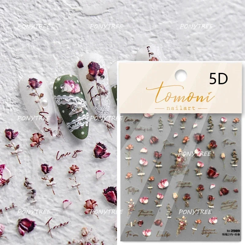 Chic Wild Flower Oil Painting Small Variegated Daisy Peach Blossom Lavender Petal Adhesive Nail Art Stickers Manicure Decals (Online Order Only)