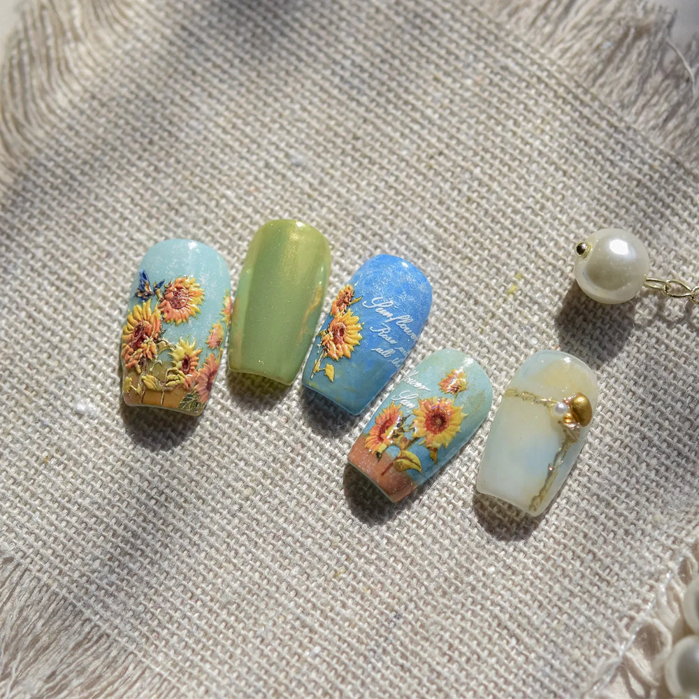 Embossed Shiny Vigor Sunflower Turnsole Vitality Butterfly Daisy Oil Painting Plant 5D Adhesive Nail Art Sticker Manicure Decals (ONLINE ORDER ONLY)