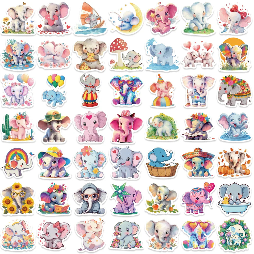 50pcs Elephant Stickers Pack Cute Animal Stickers Kawaii Stickers for Water Bottles Laptop Luggage Cartoon Waterproof Sticker (Online Order Only)