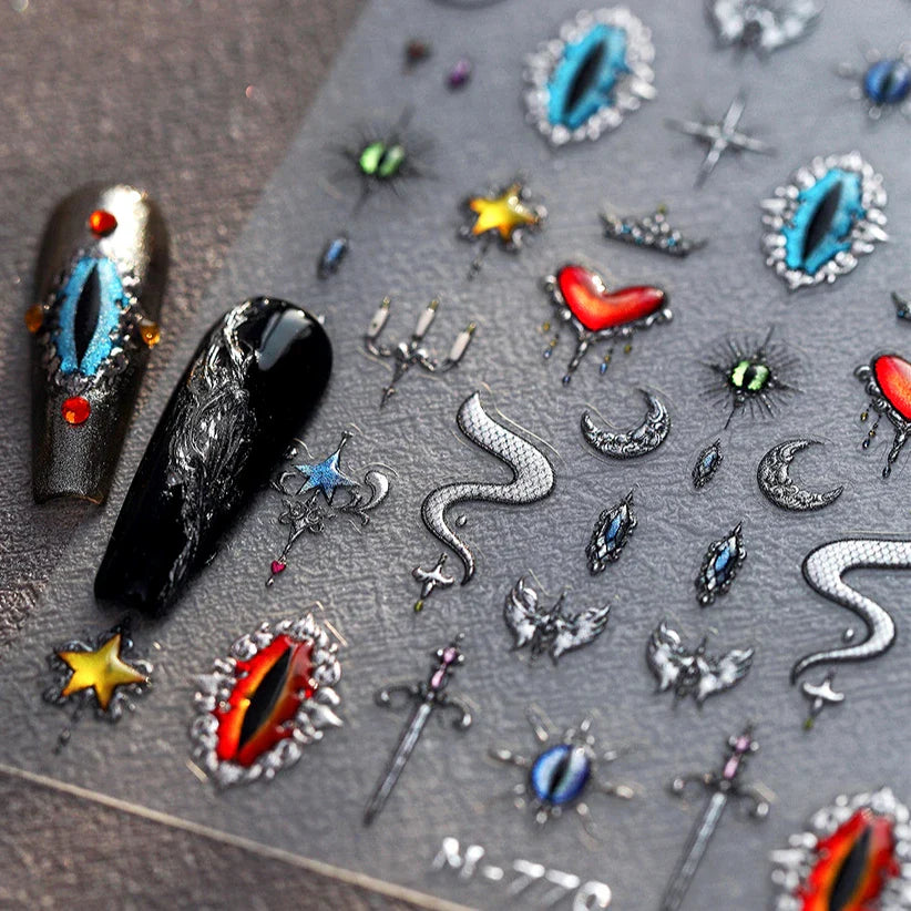 Glitter Star Snake Moon Darkness Eye Love Heart Crown Sword Self Adhesive Nail Art Stickers Punk Jelly Angel Wing Manicure Decal (ONLINE ORDER ONLY)