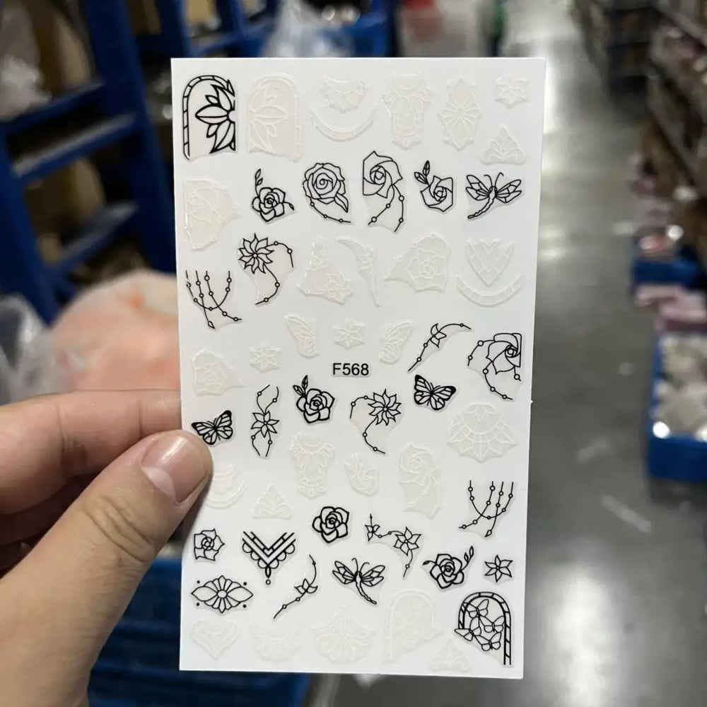 1PC Lace Flower Leaf Nail Sticker Geometric Line Leaf Floral Nail Art Decal Abstract Elegant Black White Pattern Nail Decoration (ONLINE ORDER ONLY)