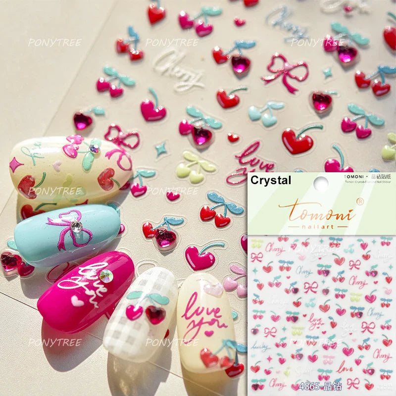 Lovely Pink Red Cherry Fruit Love Heart Star Lucky Letter Bowknot Romantic Adhesive Nail Art Stickers Rhinestone Manicure Decals (Online Order Only)