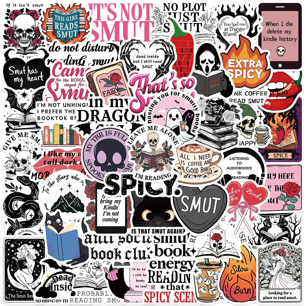 50pcs Retro Cartoon Aesthetic Skull Reader Spicy Witch Smut Stickers For Laptop Water Bottle Luggage Notebook Waterproof Decals (Online Order Only)