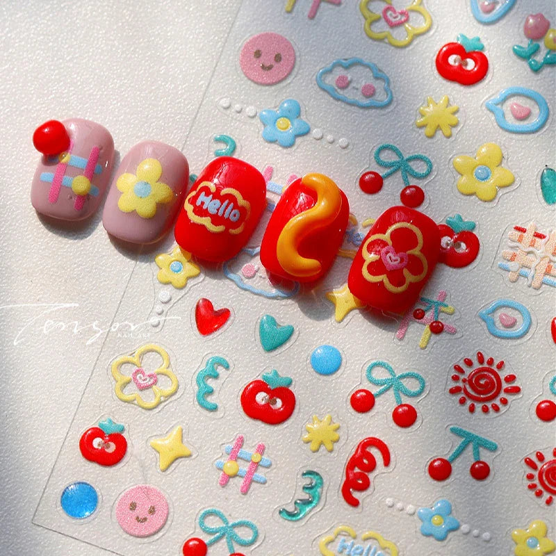 Flower Star Sun Grid Line Interesting Graffiti Tulip Cherry Apple Fruit Dot Painting Adhesive Nail Art Stickers Manicure Decals (ONLINE ORDER ONLY)