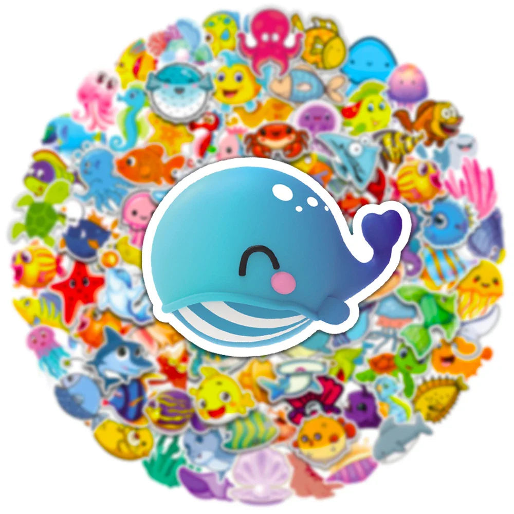 10/30/50/100pcs Cute Marine Animals Stickers Ocean World Cartoon Decals Kids Toy Scrapbook Laptop Luggage Phone Graffiti Sticker (Online Order Only)