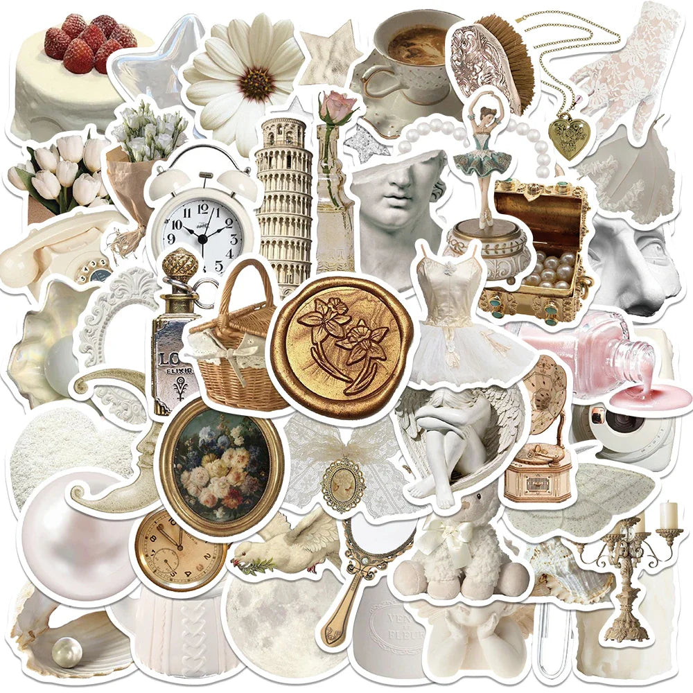 50PCS Pearl White Ballet Fairy Girls Cute Aesthetic Waterproof Stickers for Diary, Fridge, Notebook, Phone, Bottle (Online Order Only)