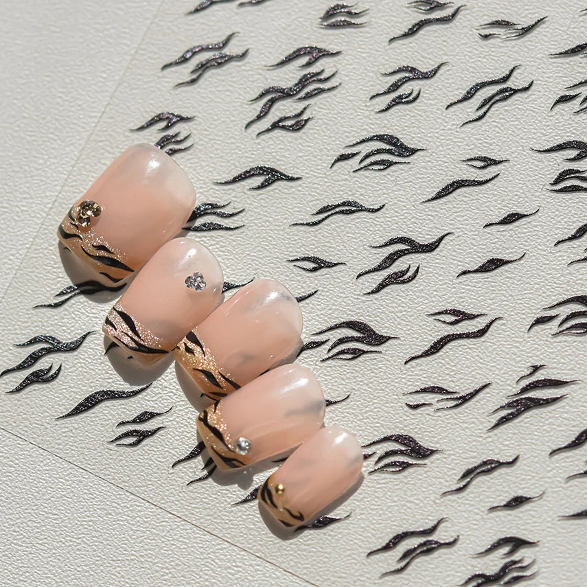 Chic Halo Dyeing Zebra Stripes Tender Black White Line Design Crescent Moon Arc Adhesive Nail Art Sticker Relief Manicure Decals (Online Order Only)