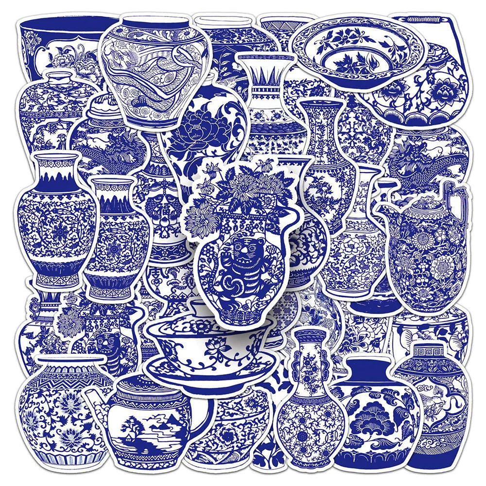 Blue White Porcelain Stickers 10/30/50PCS for Phone Laptop Luggage Skateboard Decals Kid Gift (ONLINE ORDER ONLY)