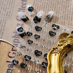 Black Silver Bowknot Love Heart Lace Irregular Line Lava Chic Self Adhesive Nail Art Stickers Embossed Reliefs Manicure Decals (Online Order Only)