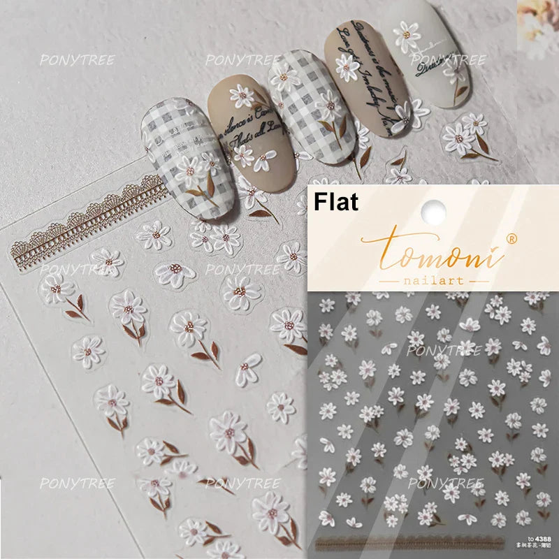 White Daisy Sunflower Green Leaves Wreath Garland Flower Cluster Bouquet Flat Adhesive Nail Art Sticker Manicure Decals Supplies (Online Order Only)