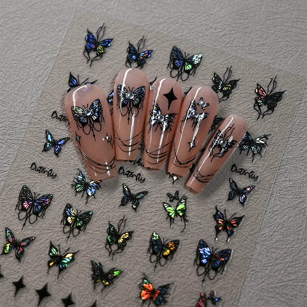 1pcs Butterfly Floral Nail Art Stickers Magic Shell Light Laser Black/White Nail Decoration Butterfly Slider Manicure Ornaments* (Online Order Only)
