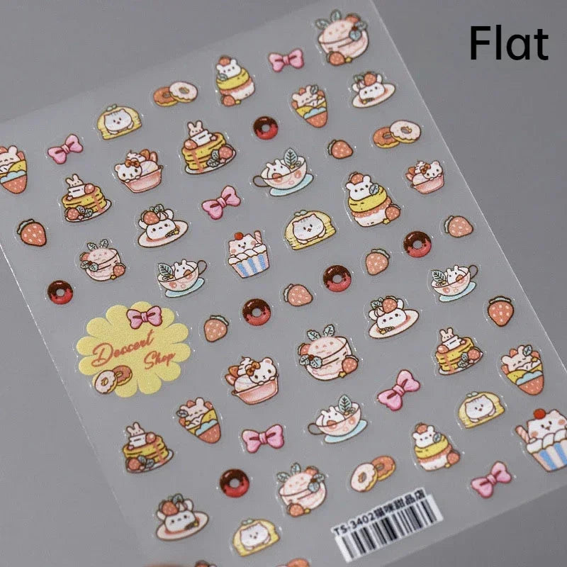 Colorful Food Pudding Alkali Water Bowknot Cream Fork Cup Bread Jelly Fruit Cartoon Cake Relief Nail Art Sticker Manicure Decals (ONLINE ORDER ONLY)