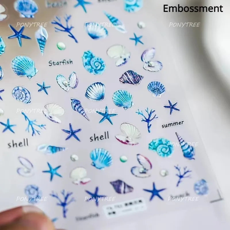 Marine Shell Starfish Ocean Elements Pearl Star Fishing Net Colourful Underwater Organisms 5D Nail Art Stickers Manicure Decals (Online Order Only)