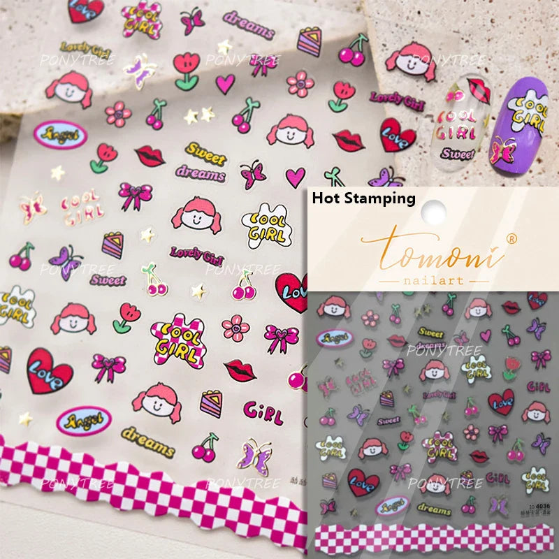 Lovely Pink Red Cherry Fruit Love Heart Star Lucky Letter Bowknot Romantic Adhesive Nail Art Stickers Rhinestone Manicure Decals (Online Order Only)