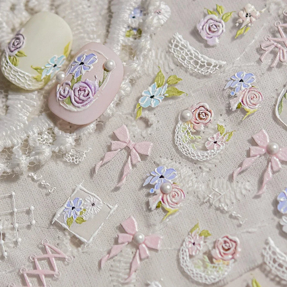 Rose Flower Bouquet Leaves Lace Bowknot Pearl Photo Frame Gird Embossed Reliefs Self Adhesive Nail Art Stickers Manicure Decals (ONLINE ORDER ONLY)