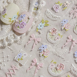 Rose Flower Bouquet Leaves Lace Bowknot Pearl Photo Frame Gird Embossed Reliefs Self Adhesive Nail Art Stickers Manicure Decals (ONLINE ORDER ONLY)