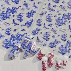 Retro Embroidered Dragon Red Pink Blue White Porcelain Chinese 3D Embossed Relief Self Adhesive Nail Art Stickers Manicure Decal (ONLINE ORDER ONLY)