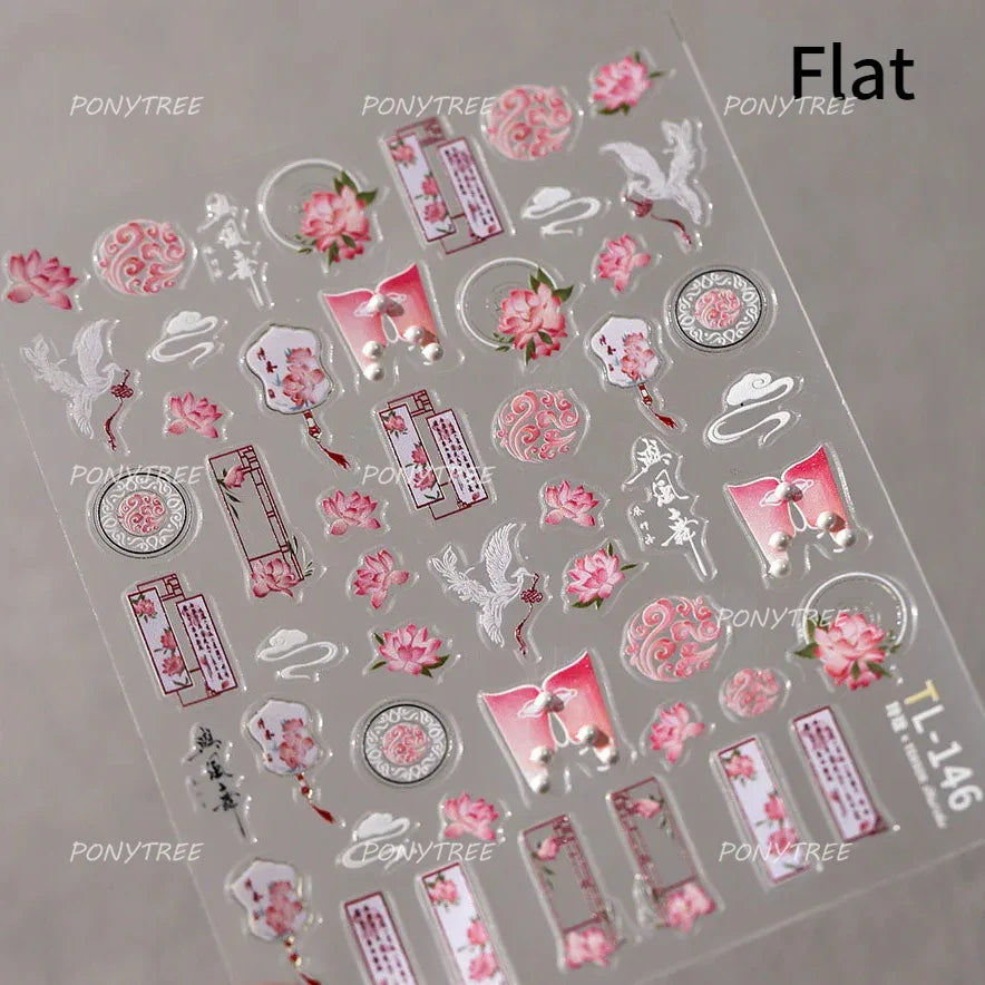 Orchid Daisy Chrysanthemum Peach Blossom Lotus Flower Vase Floral Art Fan Wintersweet Adhesive Nail Art Stickers Manicure Decals (Online Order Only)