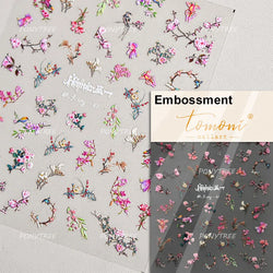 Spring Living Peach Blossom Flower Branch Petal Antique Soft Relief Adhesive Chinese Characters Nail Art Sticker Manicure Decals (ONLINE ORDER ONLY)