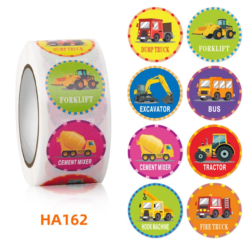 100-500Pcs 1inch Cartoon Car Aircraft Excavator Stickers Children's Toys Reward Learning English Label Stationery Gift Sticker (Online Order Only)