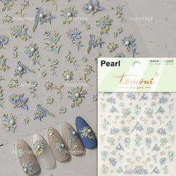 Delicate Shiny Pink Flower Blue Hairpin with Flower Decoration Self Adhesive Nail Art Stickers Pearl Rhinestone Manicure Decals (Online Order Only)