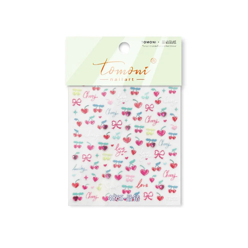 Lovely Pink Red Cherry Fruit Love Heart Star Lucky Letter Bowknot Romantic Adhesive Nail Art Stickers Rhinestone Manicure Decals (Online Order Only)