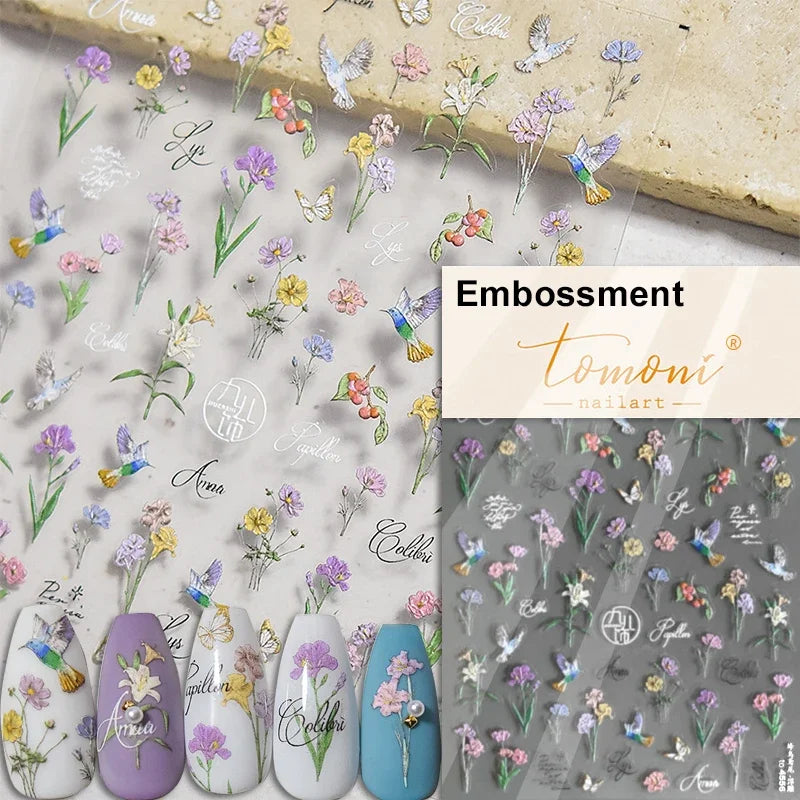 Hummingbird Iris Butterfly Peony Rose Tulip Daisy Lily Flowers Morning Glory Pearl Rhinestones Nail Art Sticker Decoration Decal (ONLINE ORDER ONLY)