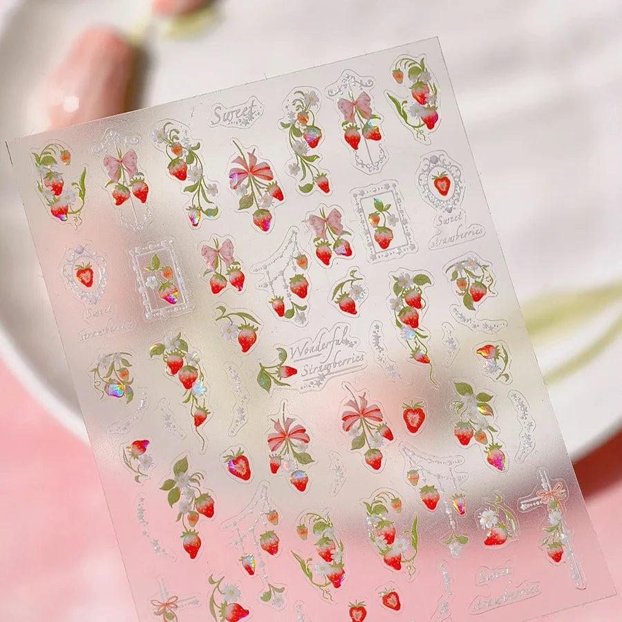 Strawberry Retro Lace Border  Flower Lovely Fruit Pearl Pendant Leaves Self Adhesive Nail Art Stickers Manicure Decal Wholesale (Online Order Only)
