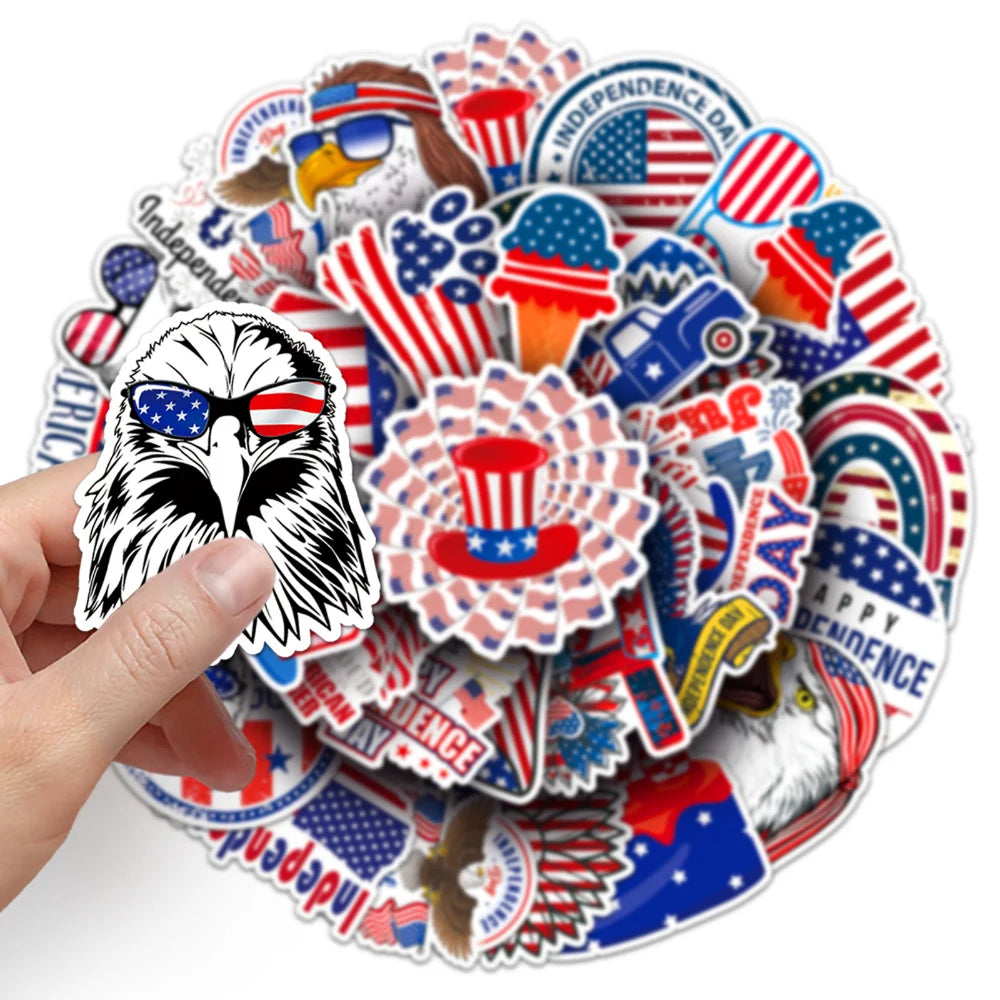 10/50Pcs American Flag Independence Day Cool Stickers Laptop Guitar Luggage Phone Waterproof Graffiti Sticker Decal Kid Toys (ONLINE ORDER ONLY)