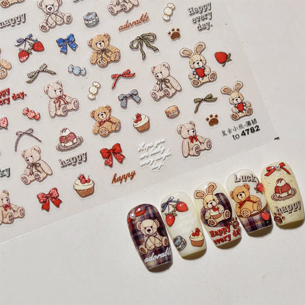 Charm Retro Bear Candy Cake Bowknot Rabbit Bunny Strawberry Footprint Muffin 3D Adhesive Nail Art Stickers Chic Manicure Decals (ONLINE ORDER ONLY)