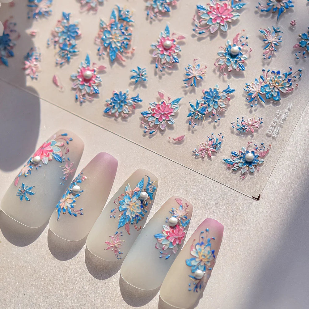 Delicate Shiny Pink Flower Blue Hairpin with Flower Decoration Self Adhesive Nail Art Stickers Pearl Rhinestone Manicure Decals (Online Order Only)
