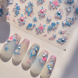 Delicate Shiny Pink Flower Blue Hairpin with Flower Decoration Self Adhesive Nail Art Stickers Pearl Rhinestone Manicure Decals (Online Order Only)