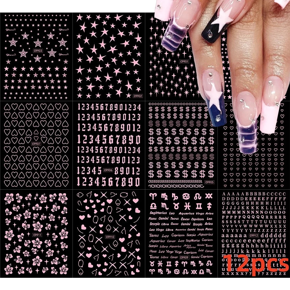 12PCS White Flowers Leaves 3D Nail Stickers Star/Moon/Sun Nail Art Decoration Decals Geometric Flower Stickers Nail Art Supplies (ONLINE ORDER ONLY)