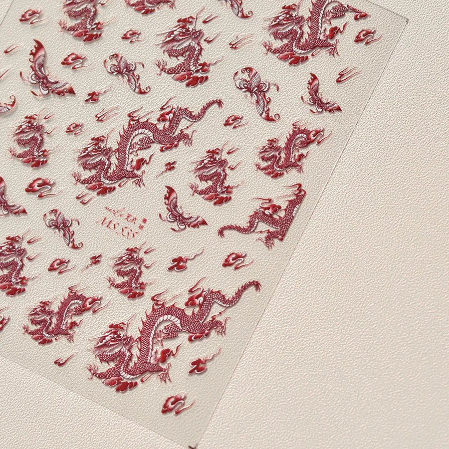 Retro Embroidered Dragon Red Pink Blue White Porcelain Chinese 3D Embossed Relief Self Adhesive Nail Art Stickers Manicure Decal (ONLINE ORDER ONLY)