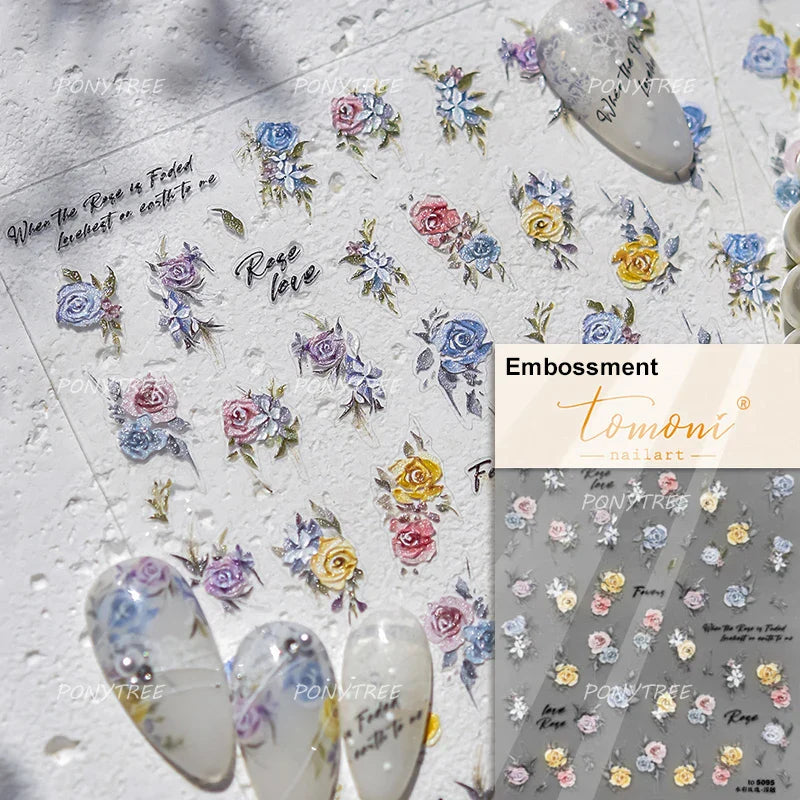 Watercolor Style Colourful Rose Flower Embossment Romantic Garden 5D Self Adhesive Nail Art Decoration Stickers Manicure Decals (ONLINE ORDER ONLY)