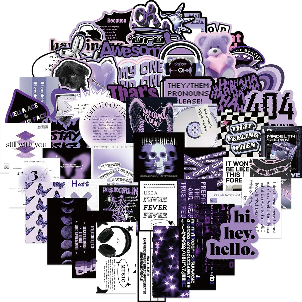 Cool Graffiti Stickers: 10/30/60pcs Black Purple Cartoon Decals for Skateboard, Helmet, Phone, Bike, Fridge (Online Order Only)