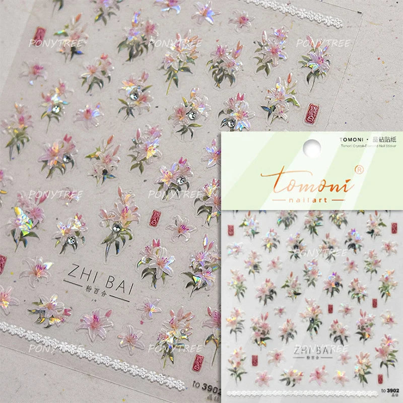 Spotless Lily Lilium Flowers Moon Pearl Crown Lily-white Pearl Necklace Pendant Self Adhesive Nail Art Stickers Manicure Decals (Online Order Only)