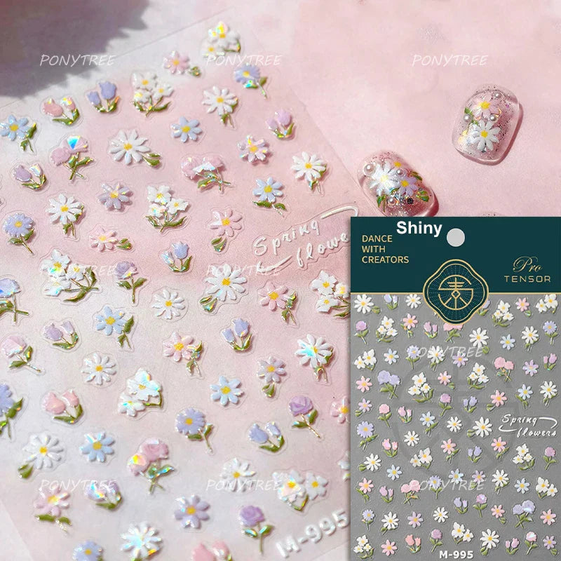 White Daisy Sunflower Green Leaves Wreath Garland Flower Cluster Bouquet Flat Adhesive Nail Art Sticker Manicure Decals Supplies (Online Order Only)