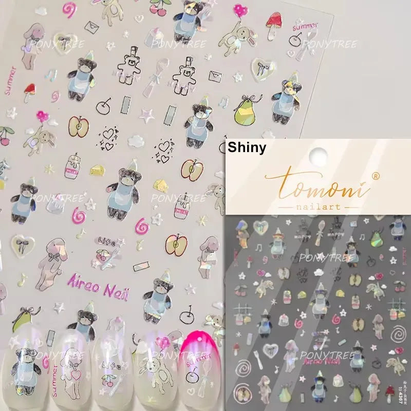 Graffiti Rabbit Dog Bunny Milk Strawberry Jewel Candy Knife Envelope Soft Relief Adhesive Nail Art Stickers Cute Manicure Decals (Online Order Only)