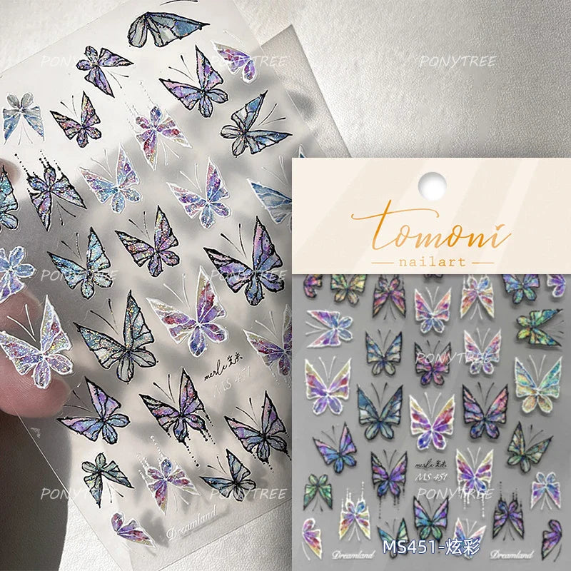 Chic Butterfly Flower Lily Lilium Narcissus Line Beautiful Blue Pearl Self Adhesive Nail Art Stickers Decorations Manicure Decal (Online Order Only)