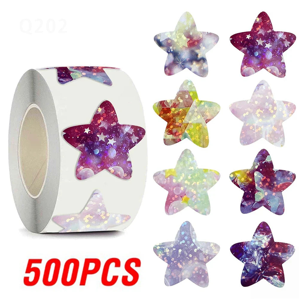 100-500pcs Holographic Star Reward Stickers Corlorful Adhesive Star Stickers Reward Chart Decorative Toy Gifts Sticker Labels (ONLINE ORDER ONLY)