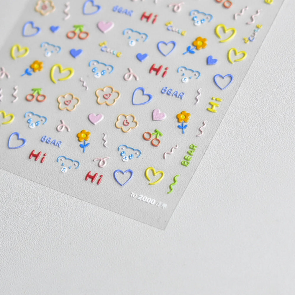 Cute Graffiti Cartoon Line Cherry Bear Cat Flower Bouquet Fish Boys Girls Strawberry Reliefs Nail Art Stickers Manicure Decals (ONLINE ORDER ONLY)