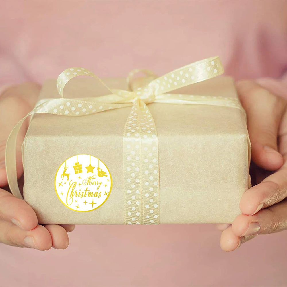 100-500pcs Round Merry Christmas Stickers Gold Foil Christmas Envelope Seals Holiday Stickers for Gift Boxes (Online Order Only)