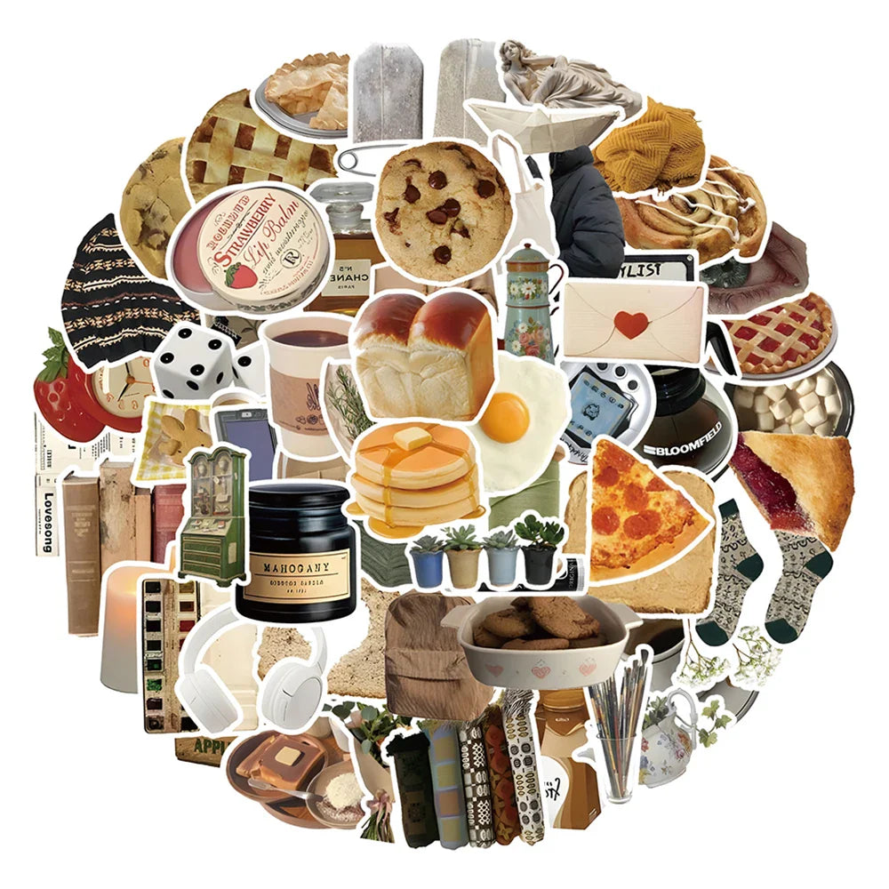 10/30/60PCS Cute Cartoon Stickers Vintage Biscuit Food Graffiti Decals DIY Skateboard Suitcase Phone Notebook Bike Sticker Toys (Online Order Only)