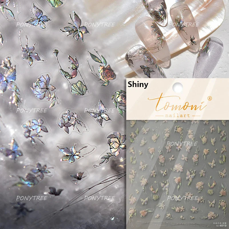 Orchid Daisy Chrysanthemum Peach Blossom Lotus Flower Vase Floral Art Fan Wintersweet Adhesive Nail Art Stickers Manicure Decals (Online Order Only)