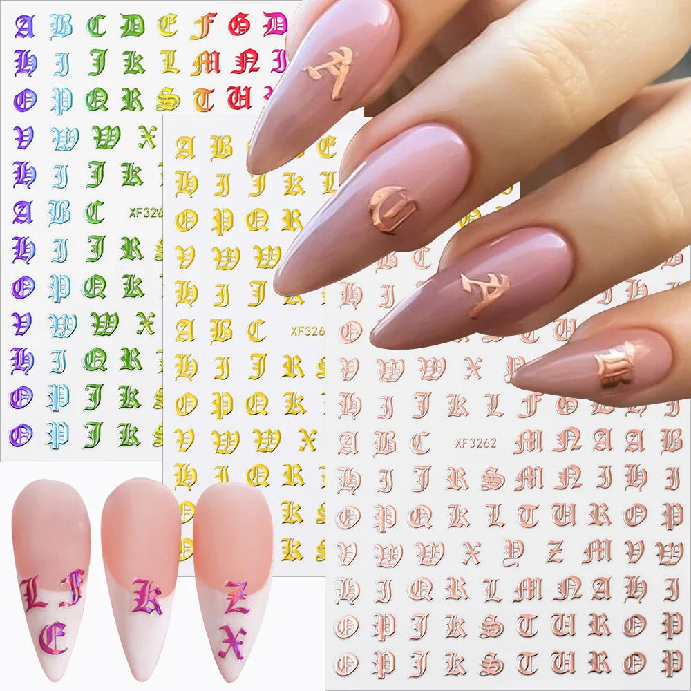 8pcs Gothic Alphabet Design Nail Art Stickers Retro English Letter Nail Art Stickers 3D Self-Adhesive Designs Nail Art Supplies* (Online Order Only)