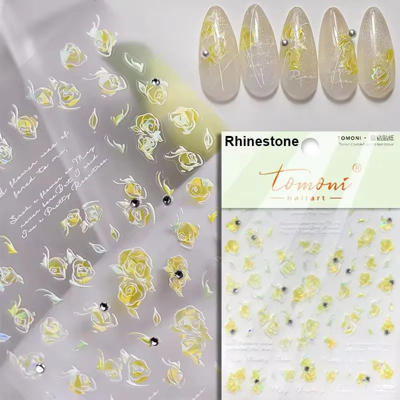 Dried Flowers Rose Butterfly Love Heart Golden Stroke Flying Crane Silver Adhesive Nail Art Stickers Rhinestone Manicure Decals (ONLINE ORDER ONLY)