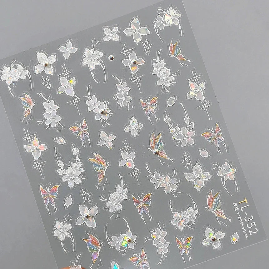White Flower Colourful Butterfly Pearl Petal Beautiful Garden Charming Plant 5D Self Adhesive Nail Art Stickers Manicure Decals (ONLINE ORDER ONLY)