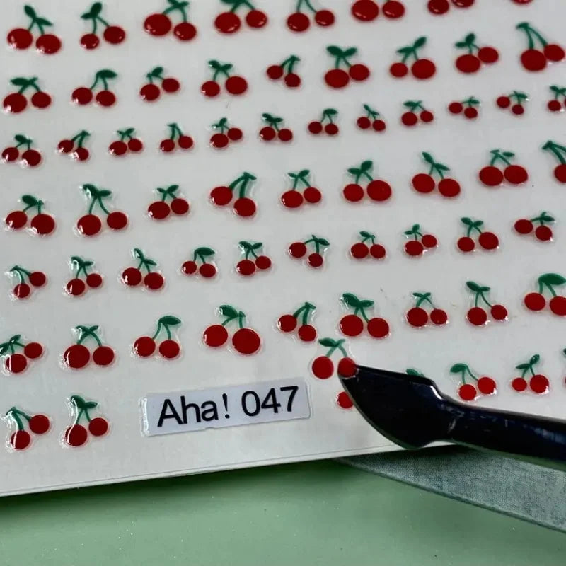 1Pc Sweet Cute Fresh Red Cherry Pattern Nail Stickers Self Adhesive Fruit Design Decals Women & Girls Homemade Manicure Supplies (ONLINE ORDER ONLY)