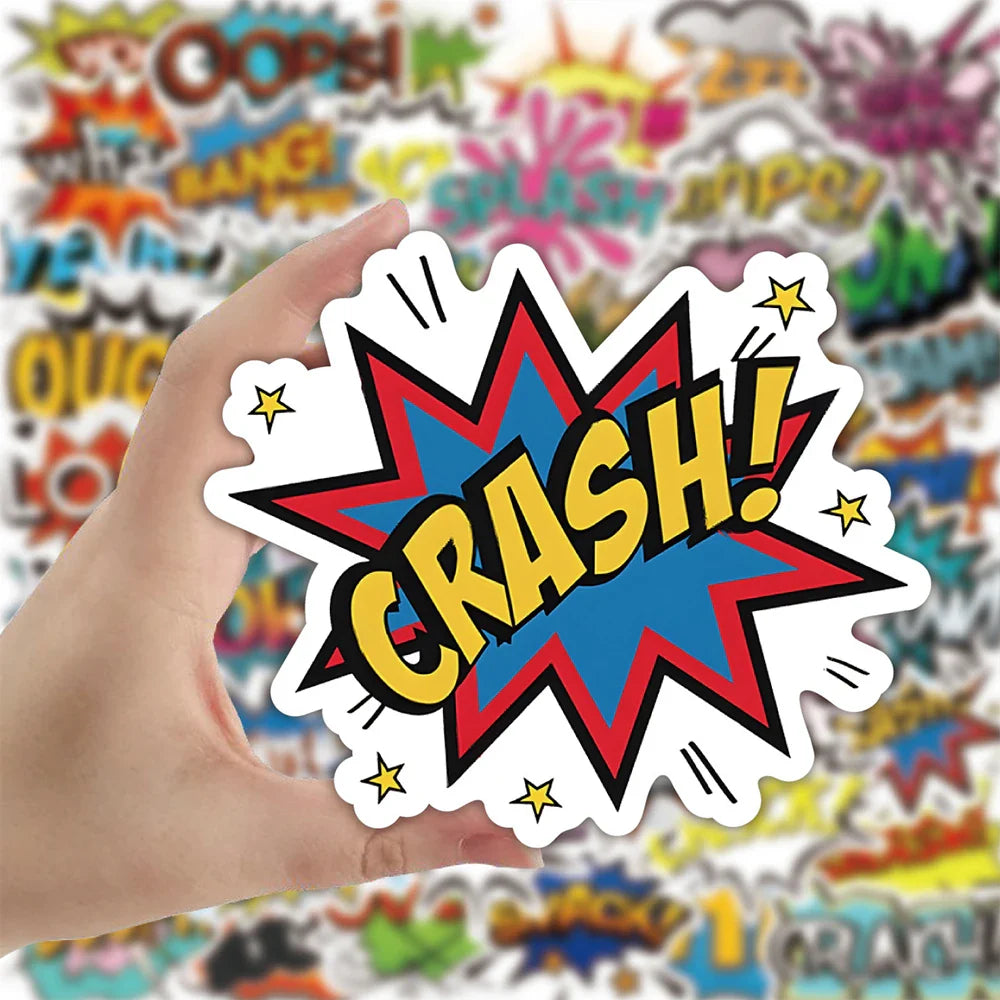 50PCS Cartoon Oops Omg Bam Pow Wow Boom Bang Explosion Cloud Style Anime Slogan Sticker Phone Laptop Luggage Skateboard (ONLINE ORDER ONLY)